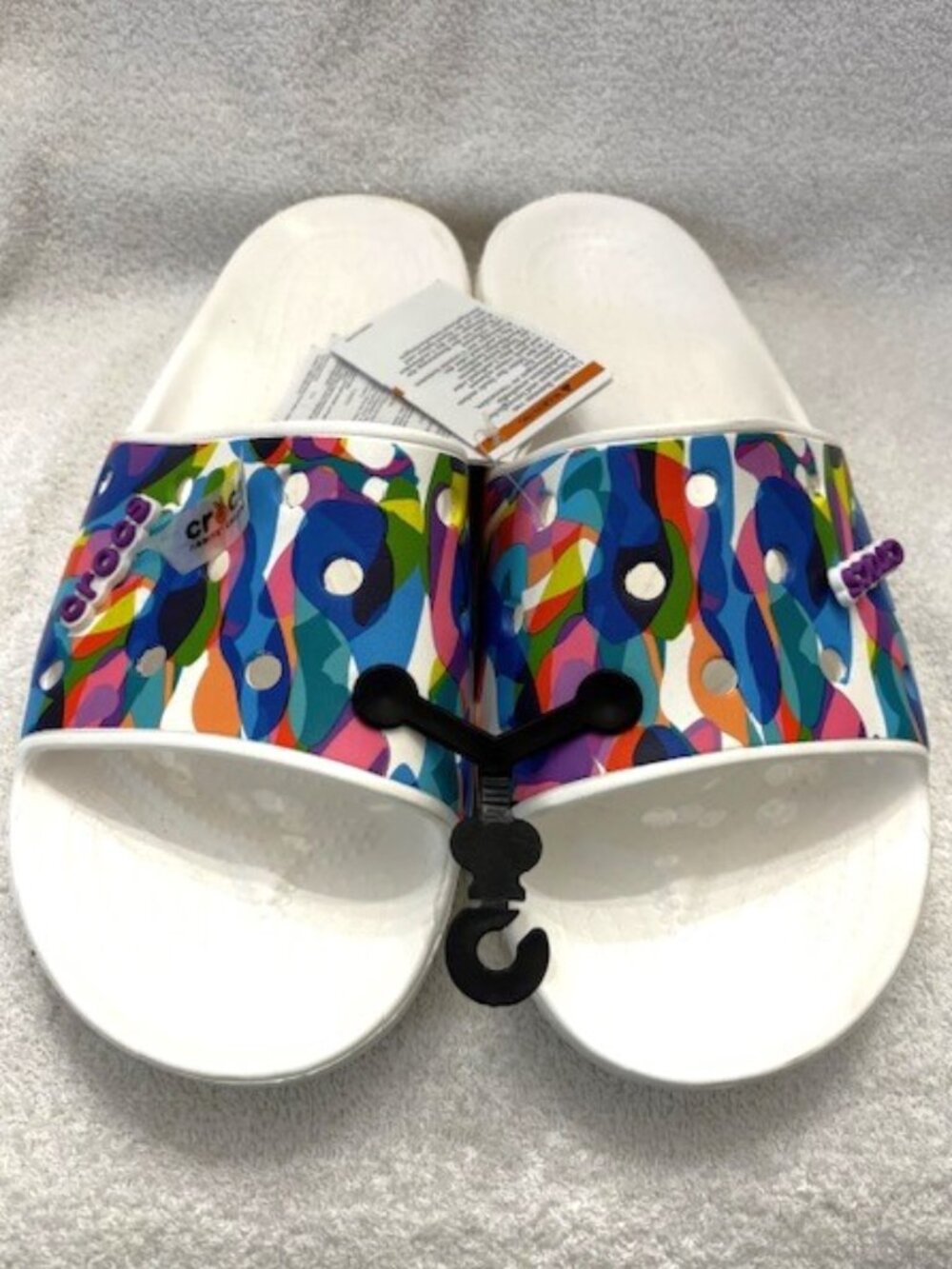crocs white slides with multi-colored strap and logo button NWT Men's 13